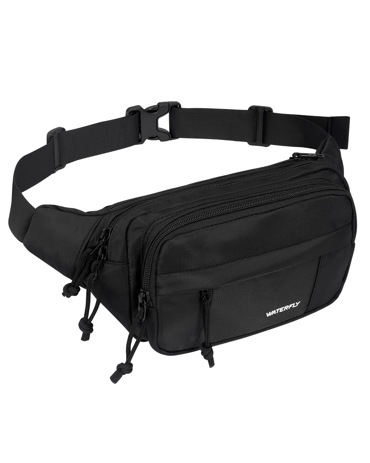 WATERFLY Fanny Pack Waist Packs: Large Crossbody Fanny Packs for Women Men with 5 Zipper Pockets Adjustable Strap Waist Bags Hip Pack for Traveling Cycling Running Hiking-Black