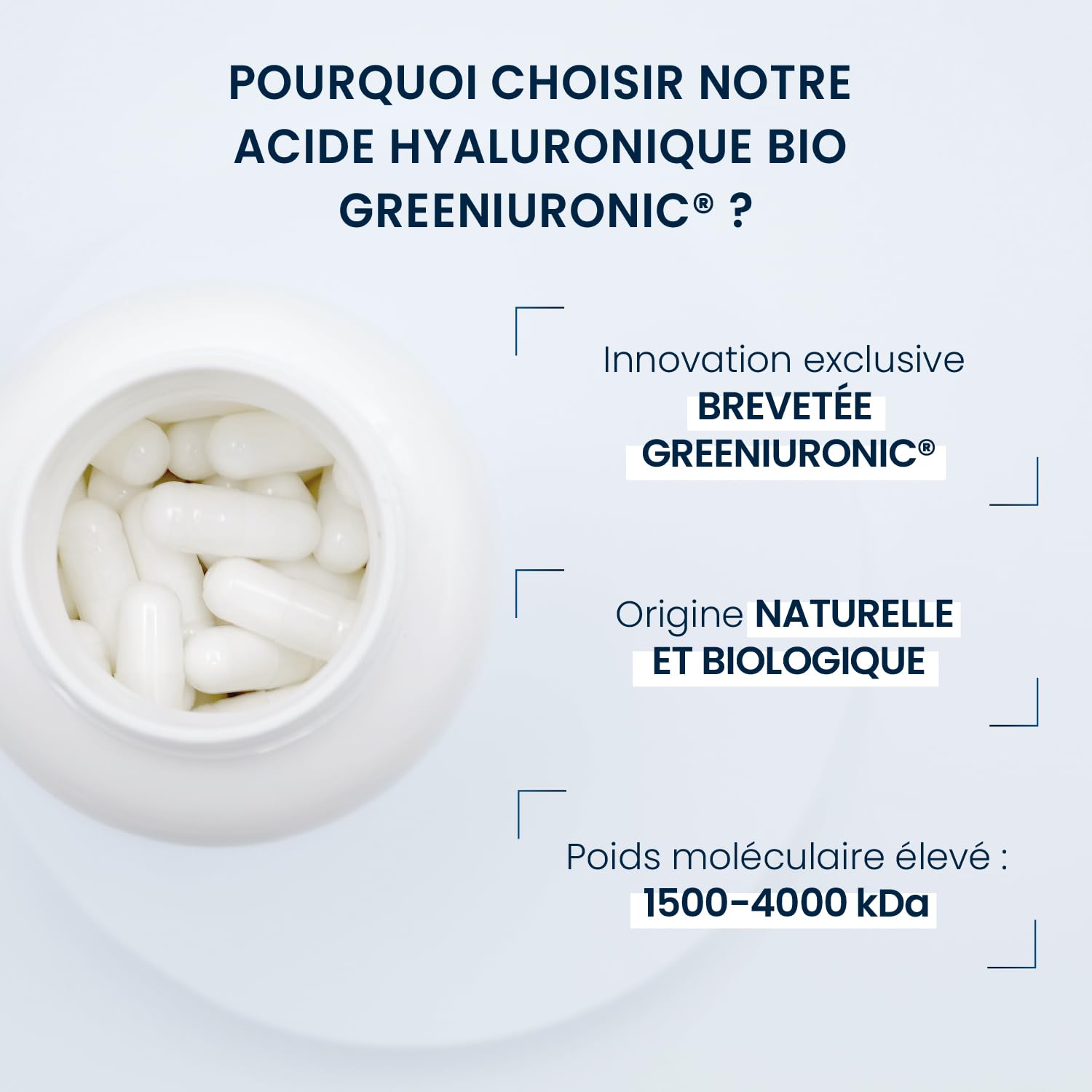 Ácido hialurónico ecológico GreenIuronic – Antiarrugas, hidratación de la piel – Valorado al 80% en ácido hialurónico – Alto peso molecular de 1500 a 4000 kDa – 60 cápsulas vegetales (2 meses) (sin