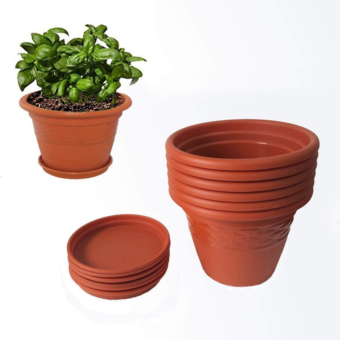 HEVEASiti Plast Heavy Duty Plastic Planter Pots with Bottom Tray Color Terracotta (Pack of 6, 13)