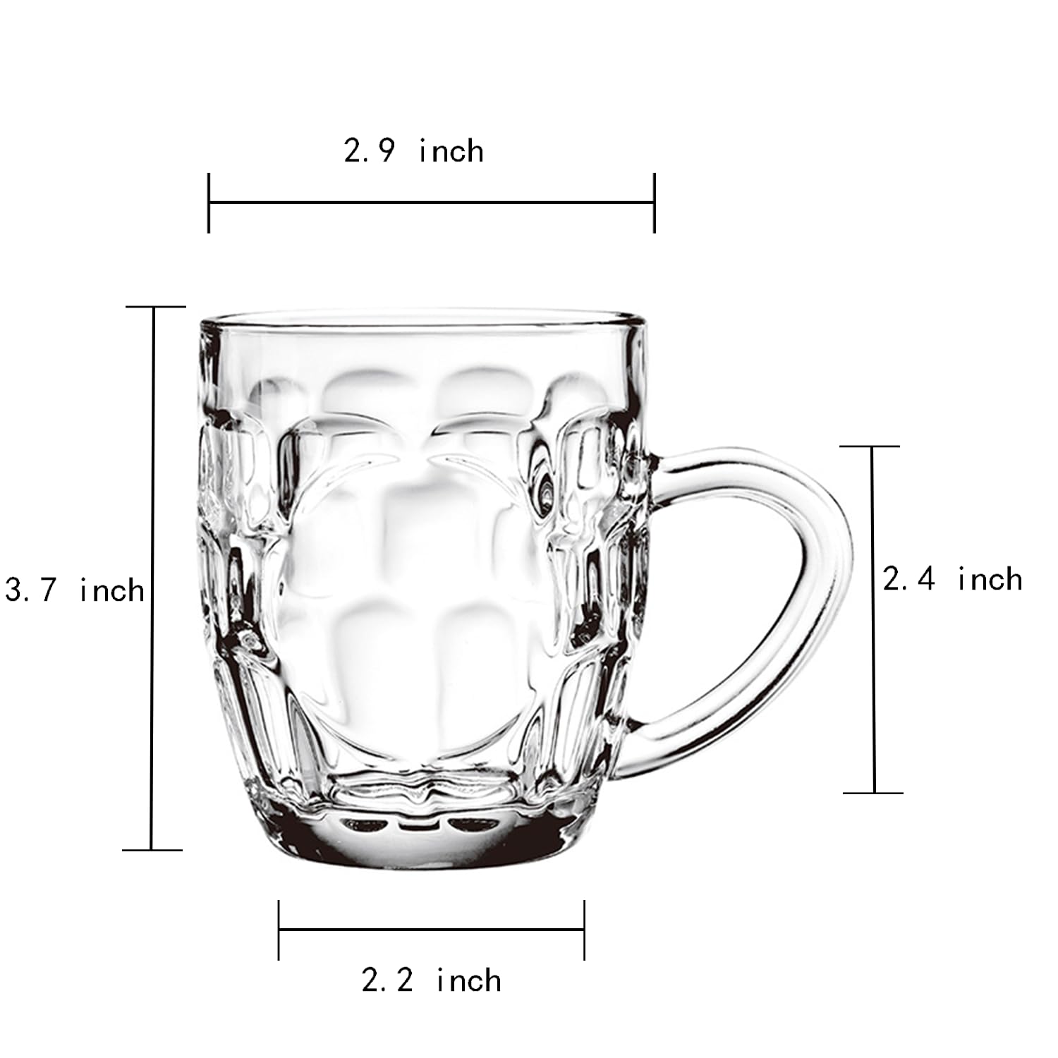 Dimple Stein - Set di 4 boccali da birra da 283,5 g, con manico, in vetro, lavabili in lavastoviglie e adatti al congelatore, trasparenti e durevoli, set da 4