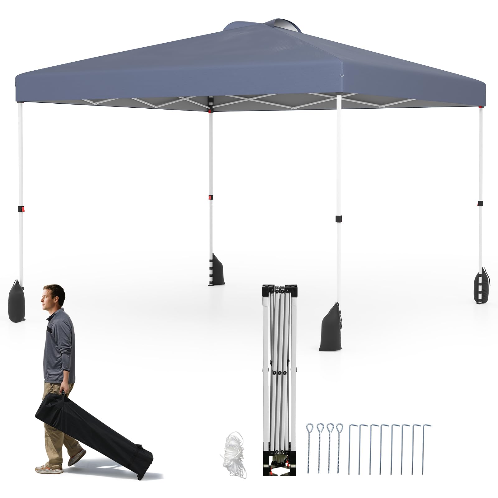 HOMASIS Carpa de jardín de 3 x 3 m con Paredes Laterales, Carpa Plegable con Bolsa de Transporte, 8 piquetas, 4 Anclajes, 4 Cuerdas de Viento y 4 Sacos de Arena, Carpa Plegable para jardín (Gris)