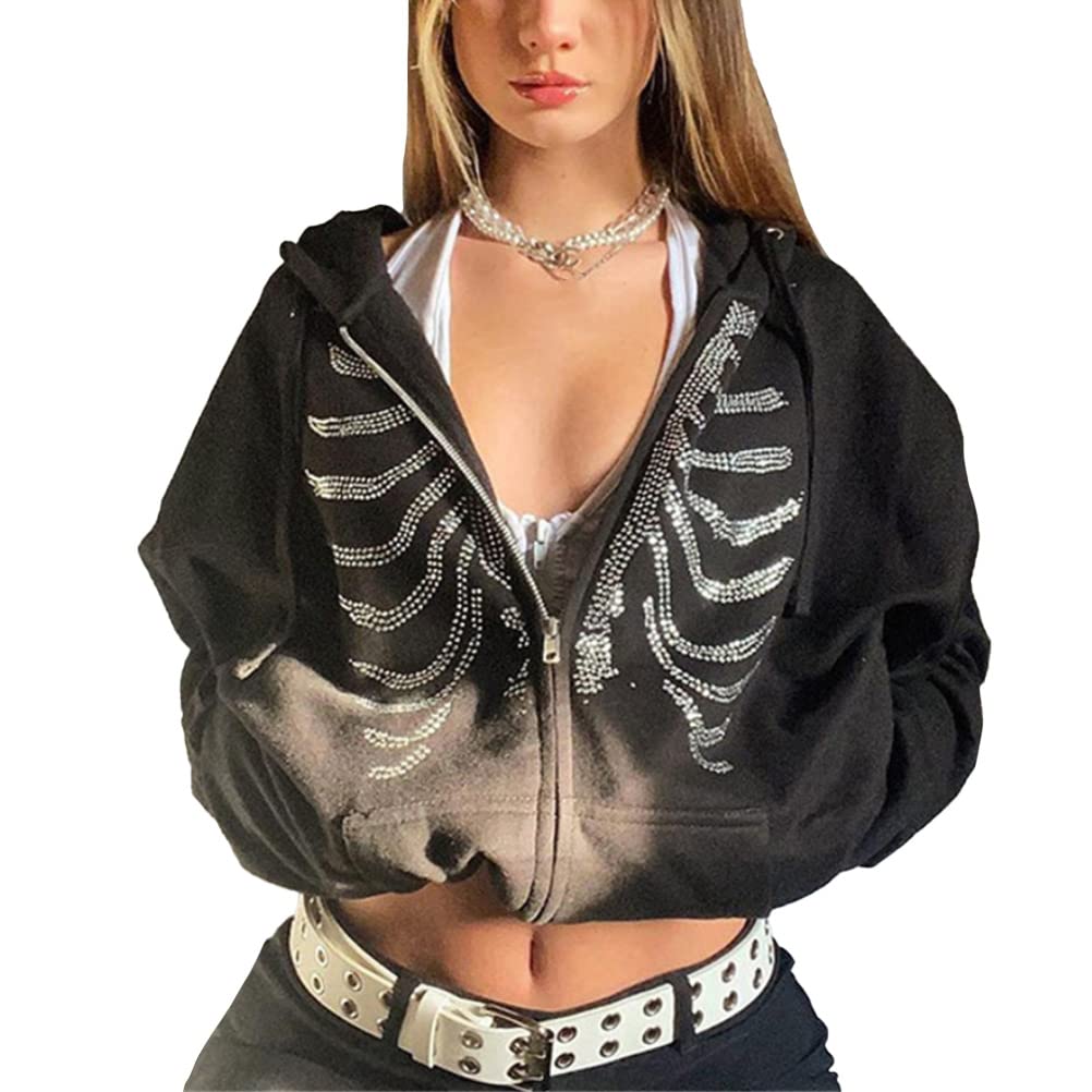 Tomwell Felpa con Cappuccio da Donna con Cerniera Goth Skeleton Rib Cage Graphics Y2K Harajuku Oversize Drawstring Sweatshirt Felpa da Strada E-Girl Giacca Allentato
