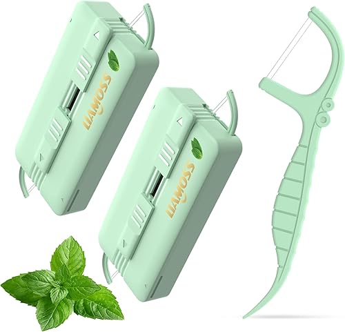 Dispensador de púas de hilo dental de menta, doble línea, sabor menta, funda de hilo dental de alta elasticidad, LIAMOSS Double Line Super Cleanup