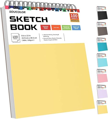 Soucolor Cuaderno de bocetos de 9 x 12 pulgadas, 1 paquete de 100 hojas encuadernadas en espiral, libre de ácido (68 libras3.53 ozm), libro de