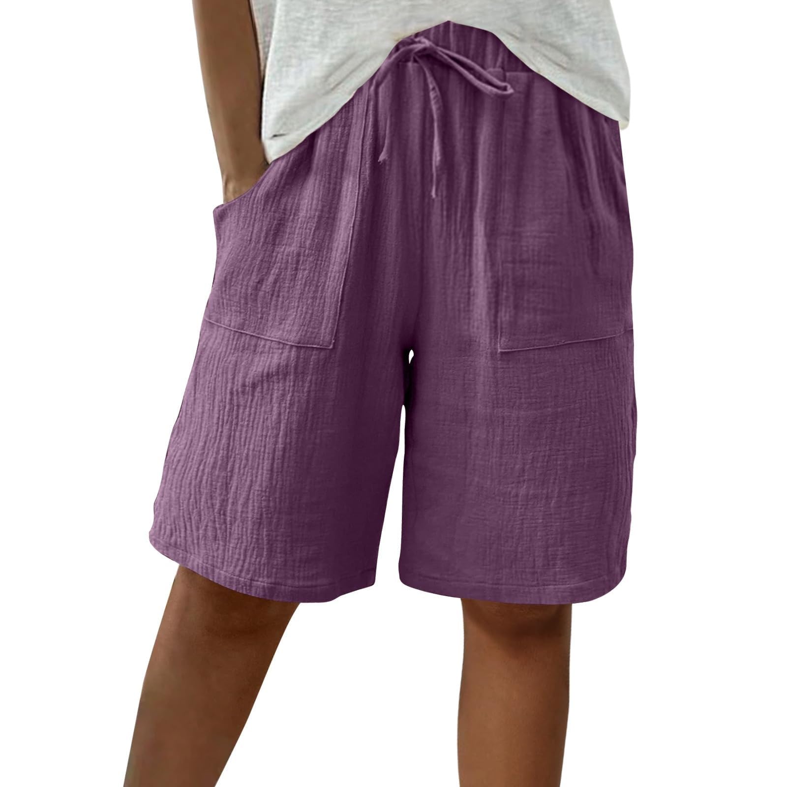 Generico Bermuda Donna Estivi Cotone Coulisse al Ginocchio Pantaloncini Curvy Elastica in Vita Traspiranti Tinta Unita Pantaloni Corti Eleganti con Tasche da Spiaggia Mare e Tempo Libero
