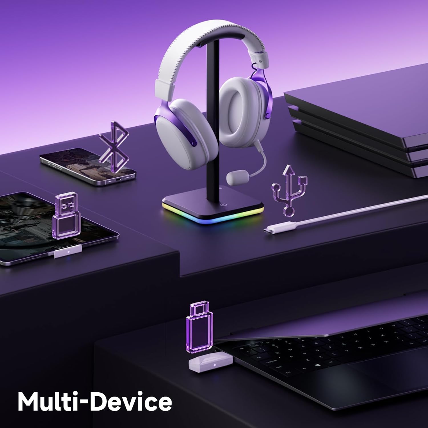 Akko Verge S9 Cuffie da gioco wireless, latenza ultra bassa, ultraleggere (270 g),driver da 53 mm,batteria da 250 ore, 2,4 GHz, Bluetooth, connettività cablata con microfono,per PS5, PS4 e PC- Nero