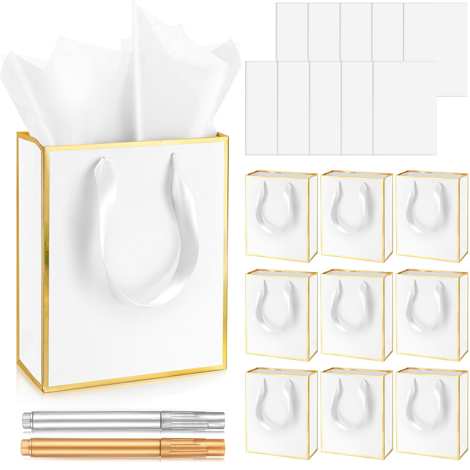 Yeaqee 10 Pack Metallic Paper Gift Bags with Handles Tissue Paper Thank You 5 Senses Gift Bag for Birthday Valentine Wedding Baby Shower Groomsmen