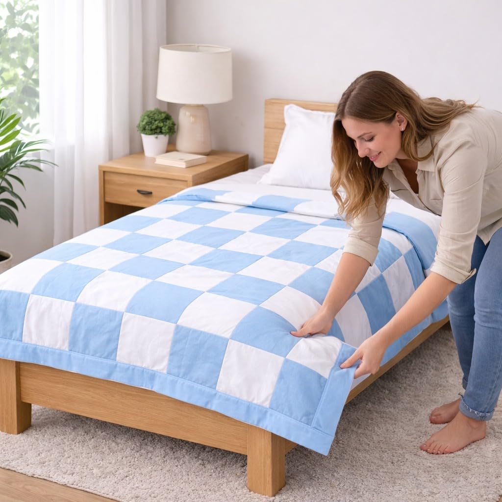 Single Bed Dohar Blue & White Checkered | Lightweight Summer Quilt | Soft Microfiber AC Blanket | Breathable All Season Comforter | Skin Friendly Bed Cover-image-22