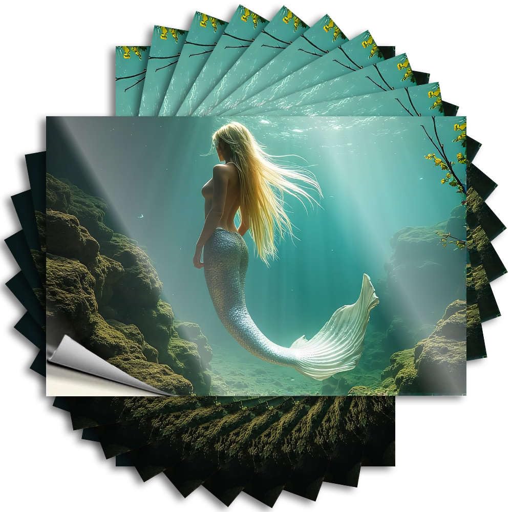 Mermaid with Long Blonde Hair Swimming Underwater. Tattoo Indie | Western Bathroom Bottle Removable Decal Pack(8X12CM)