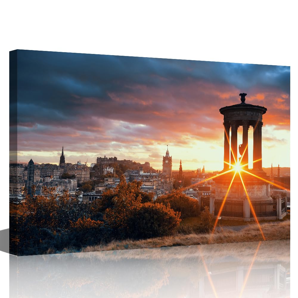 TISHIRON Canvas Print Wall Art Edinburgh City Sunset viewed from Calton Hill Skyline Cityscape United Kingdom Photography for Living Room Bedroom Home Wall Decor - 18"x12" — image 1