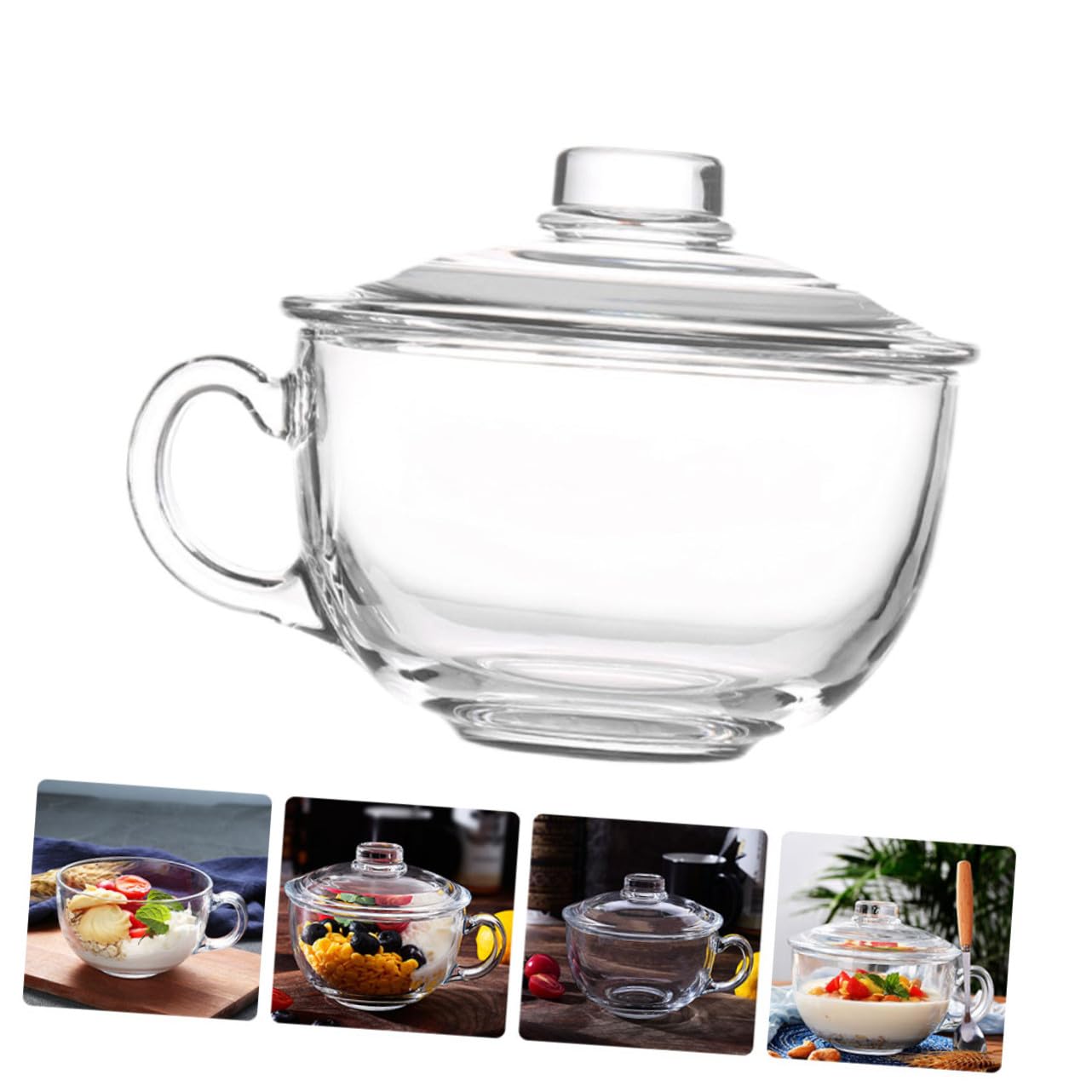 Alipis Tazón de Vidrio Transparente de 600ml con Tapa y Asa para Desayuno o Ensalada, Recipiente Creativo y Funcional para Uso Doméstico