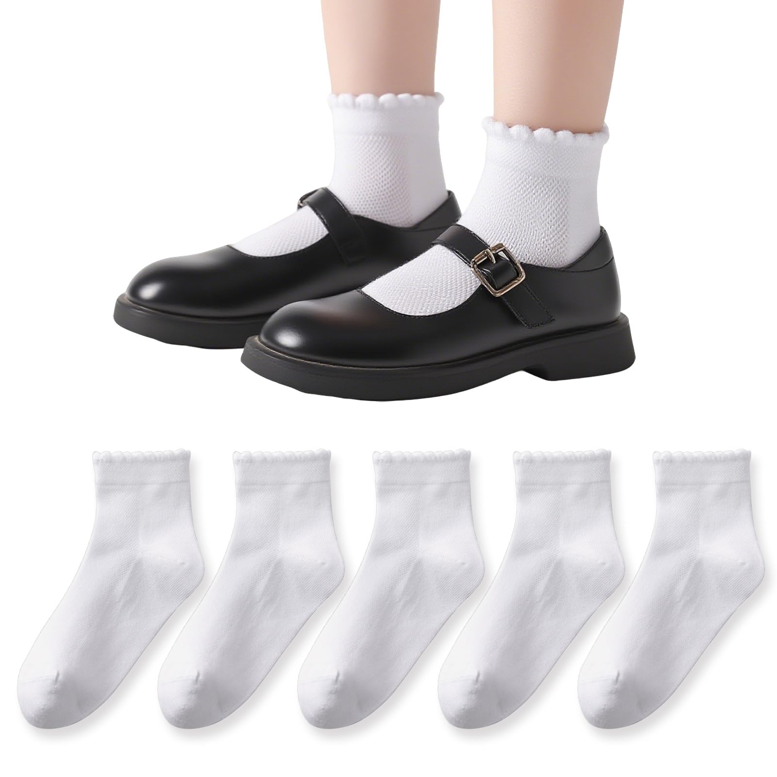 EPEIUS Girls Ankle Socks,Seamless Soft Cotton Ruffle Socks,Cute White for School Uniform 4-6/6-8/9-12/12-15 Years Old