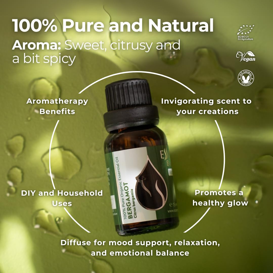 Essences Bulgaria Aceite Esencial de Bergamota Orgánico 15ml | Citrus bergamia | 100% Puro y Natural | Sin diluir | Grado Terapéutico | Aromaterapia | Cosméticos | Libre de crueldad | Sin OGM | Vegano