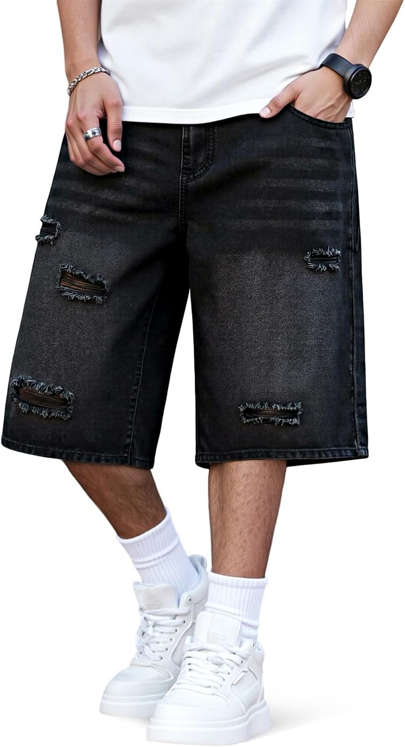 Heyfanee Mens Baggy Jean Shorts Ripped Loose Fit Long Denim Shorts Below Knee 14 Inch Inseam