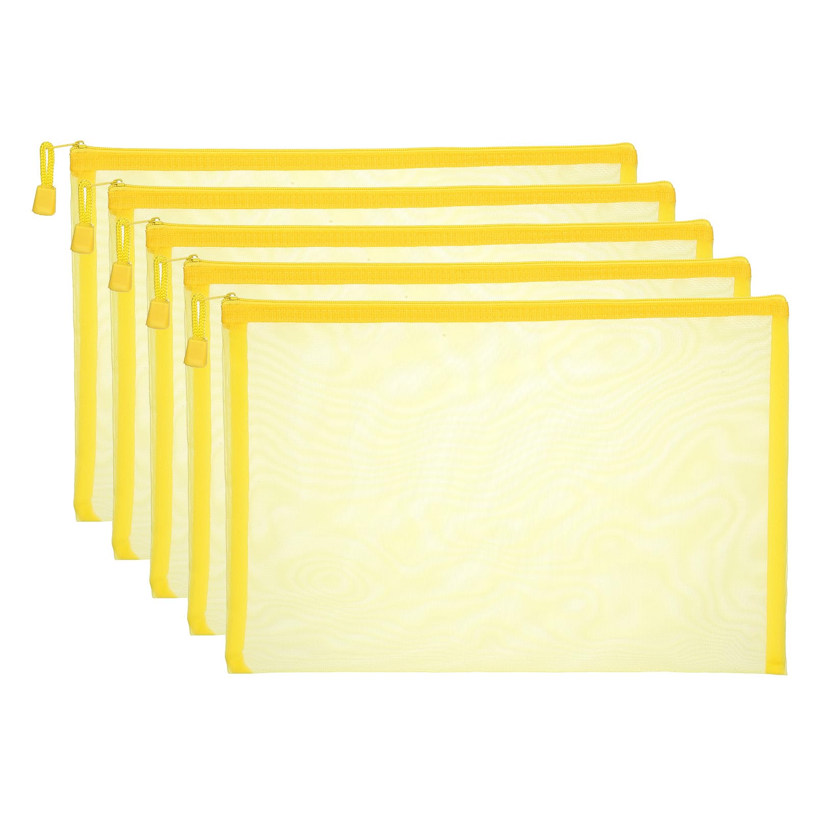 PATIKIL A4 Mesh Zipper Pouch Bags, 5 PCS Mesh Bags with Zipper Plastic Storage Pocket for Organizing File Beads Office Home Supplies, 34x24cm, Yellow