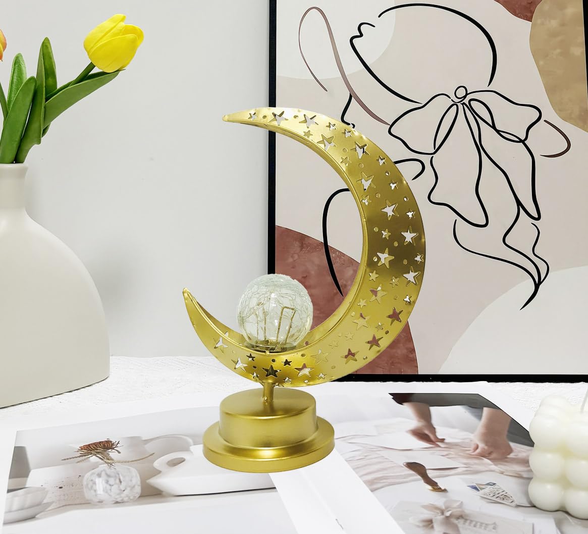 AFORTLO Battery Powered Operated Enchanted Lunar Table Lamp,Cordless Romantic Decorative Home Decor Atmosphere Crescent Moon Lamp for Bedroom,Wedding,Party,Living Room(Gold Moon)