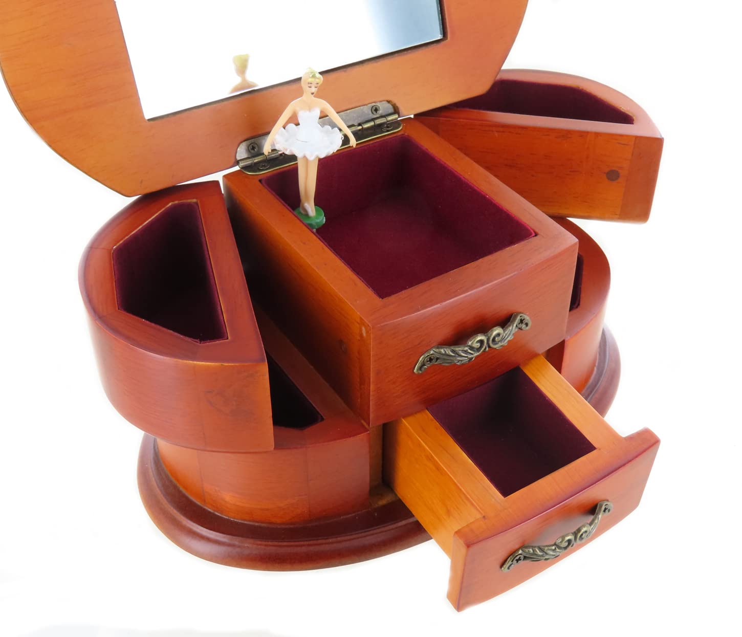 Caja de música para joyas/joyero musical de madera con bailarina giratoria, espejo, cajones y mecanismo musical de resorte de 18 notas - Mistral gagnant (Renaud)