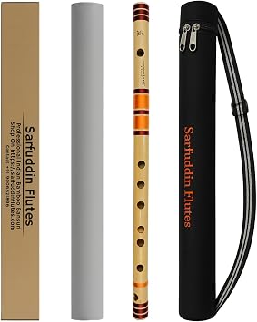Sarfuddin Flutes C Natural Medium Bamboo Flute Bansuri Professional Tuned 440hz Size 19 Inches Brown And Orange Color Thread Combination With Black Carry Bag