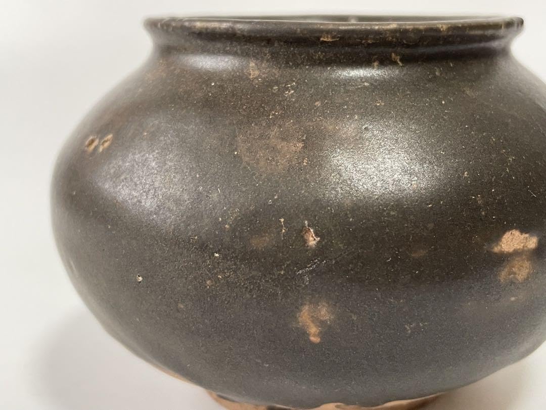 Amazon.co.jp: アンティーク 工芸品 骨董 李朝 褐釉 黒高麗 小壺 壺 丸