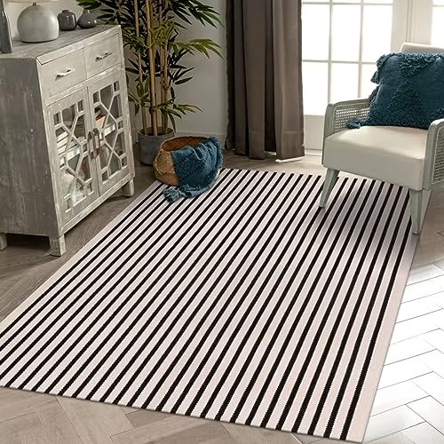 LEEVAN Black and White Striped Patio Outdoor Rug 5x8, Washable Living Room Bedroom Area Rug, Soft Cotton Blend Sturdy Carpet for Kitchen, Dining Room, Playroom, Mudroom, Sunroom