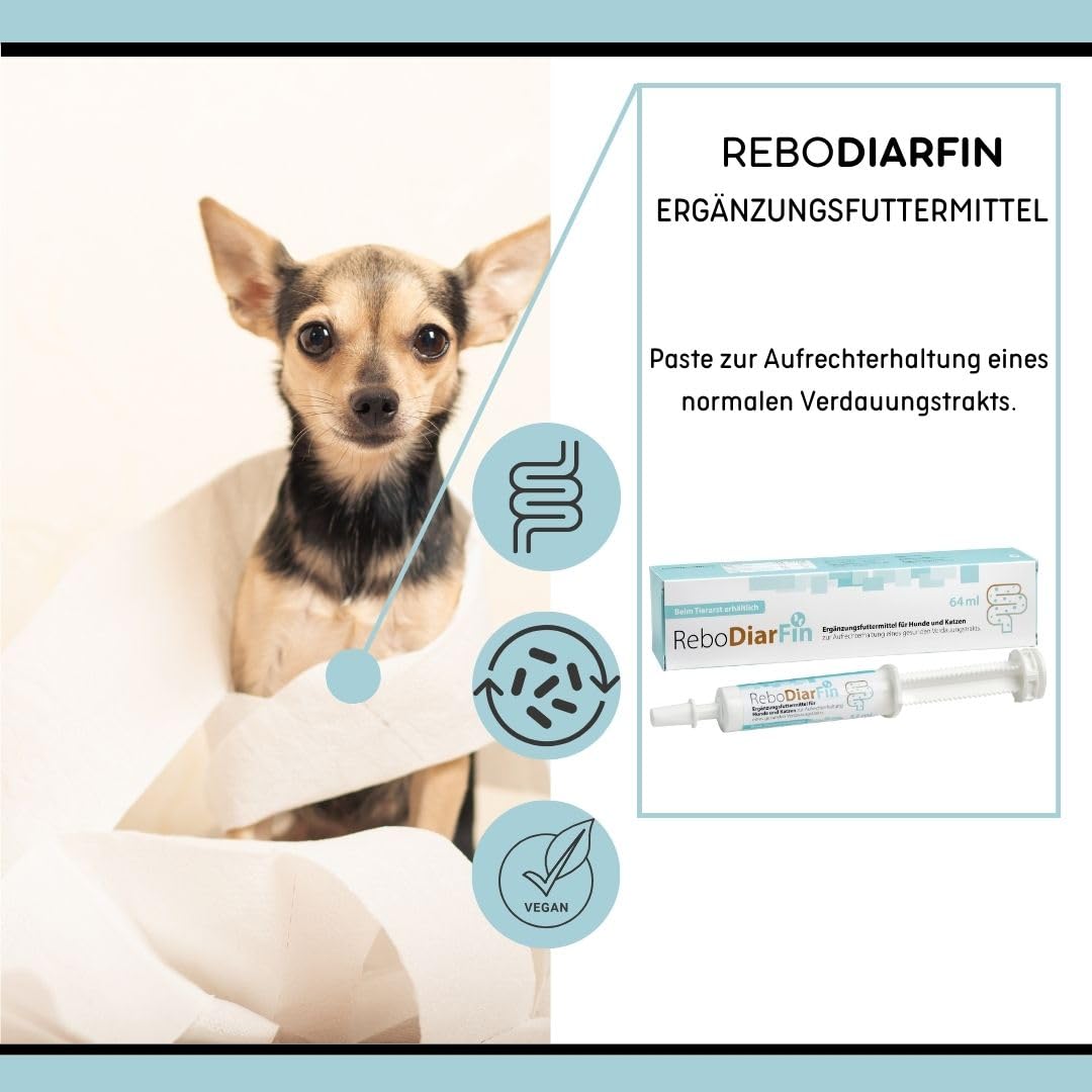 ReboDiarFin Pâte digestive pour chiens et chats 64 ml : aide en cas de troubles digestifs, avec pectine et kaolin, enrichie en peptides de glutamine, mélange de probiotiques et de prébiotiques