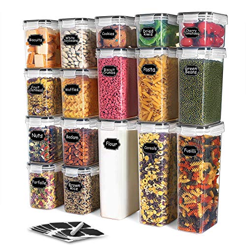 Airtight Food Storage Containers Set,TAEVEKE Cereal & Dry Food Storage Container with Lids Set of 17, BPA Free Plastic Canisters for Kitchen Pantry Organization,Leak-proof with Labels &Marker (Black)