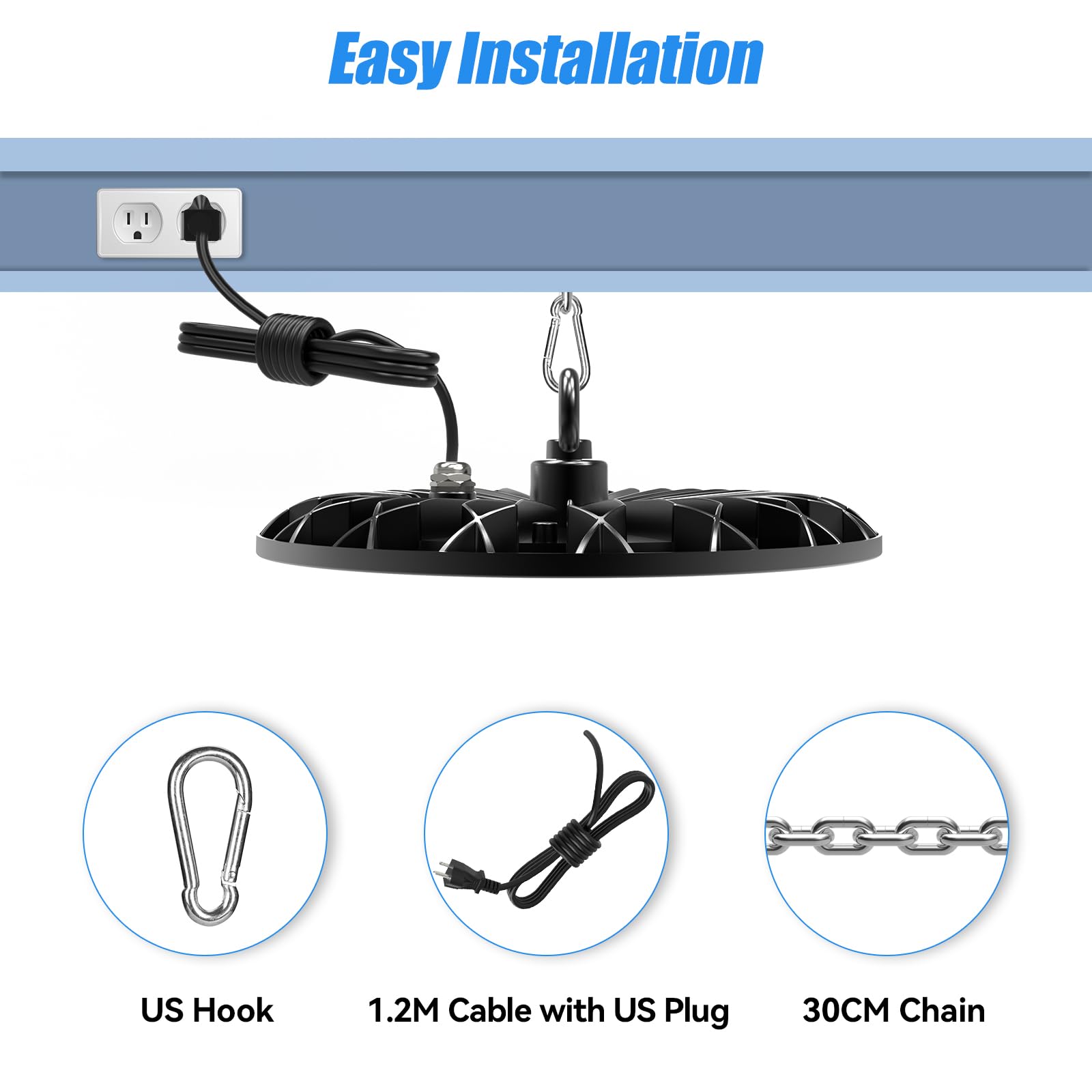 UFO LED High Bay Light 100W 10000LM 5000K Shop Lights for Garage Warehouse Workshop Gym Barn 5Ft Power — view 5