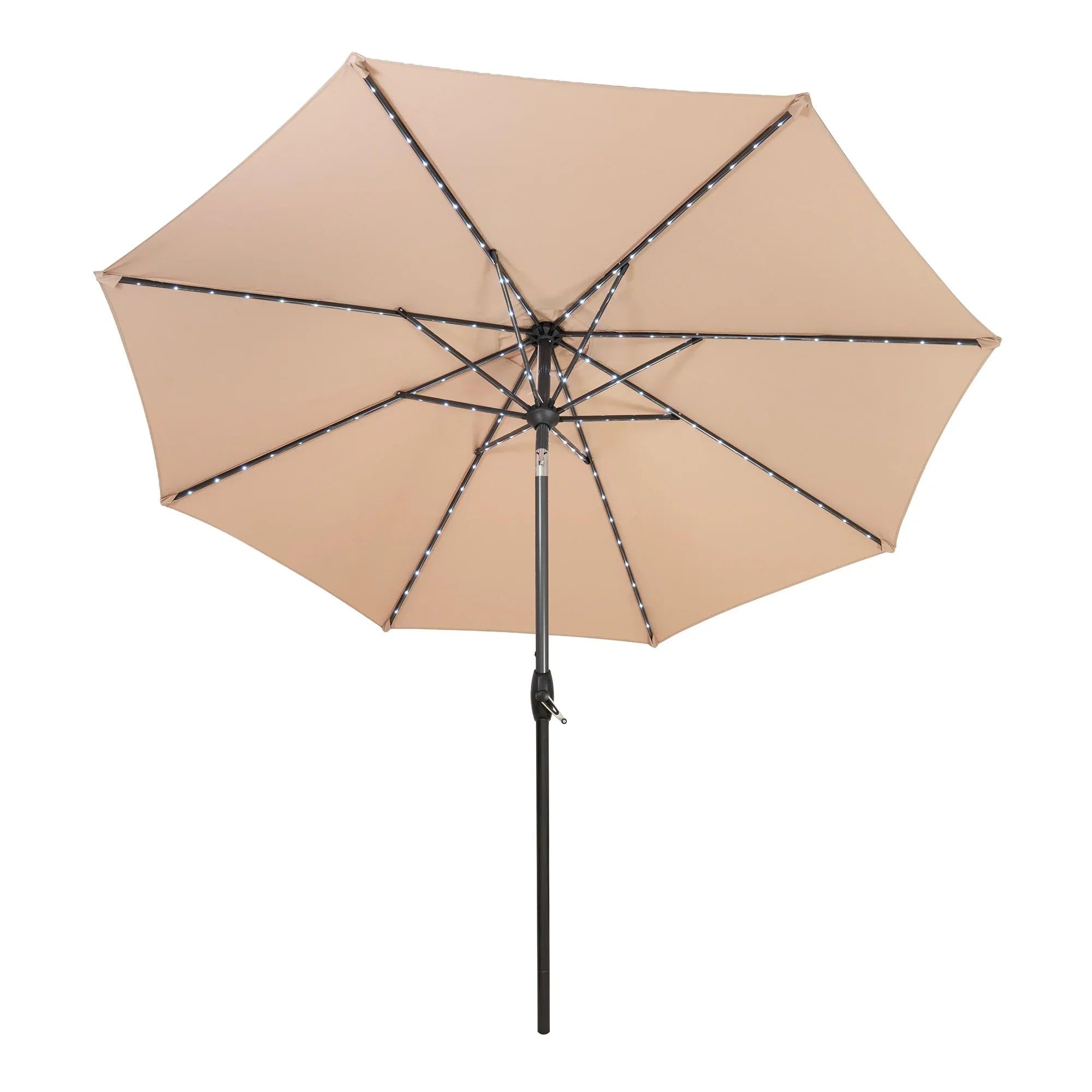Beige 2.7m LED Tilt Parasol Umbrella Garden Sun Shade Canopy Patio Outdoor UV Protection Winding Crank Adjustable 128 Solar Power Lights Cool White 8 Ribs Waterproof Rain Cover