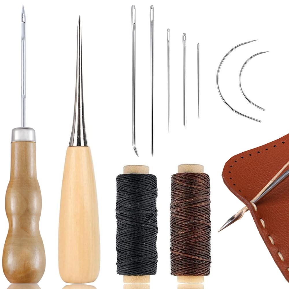 レザークラフト 革工具セット 11点セット 木製ハンドル革パンチングツール 革製裁縫道具 手縫い 裁縫工具 縫い糸用針 蝋引き糸 レザーツール DIY 手作り 家庭 日常裁縫 初心者用（アイレット付き二重ひょうたん1pcs+革パンチングアウル1pcs+手縫い針7pcs+平ワックス糸2pcs）