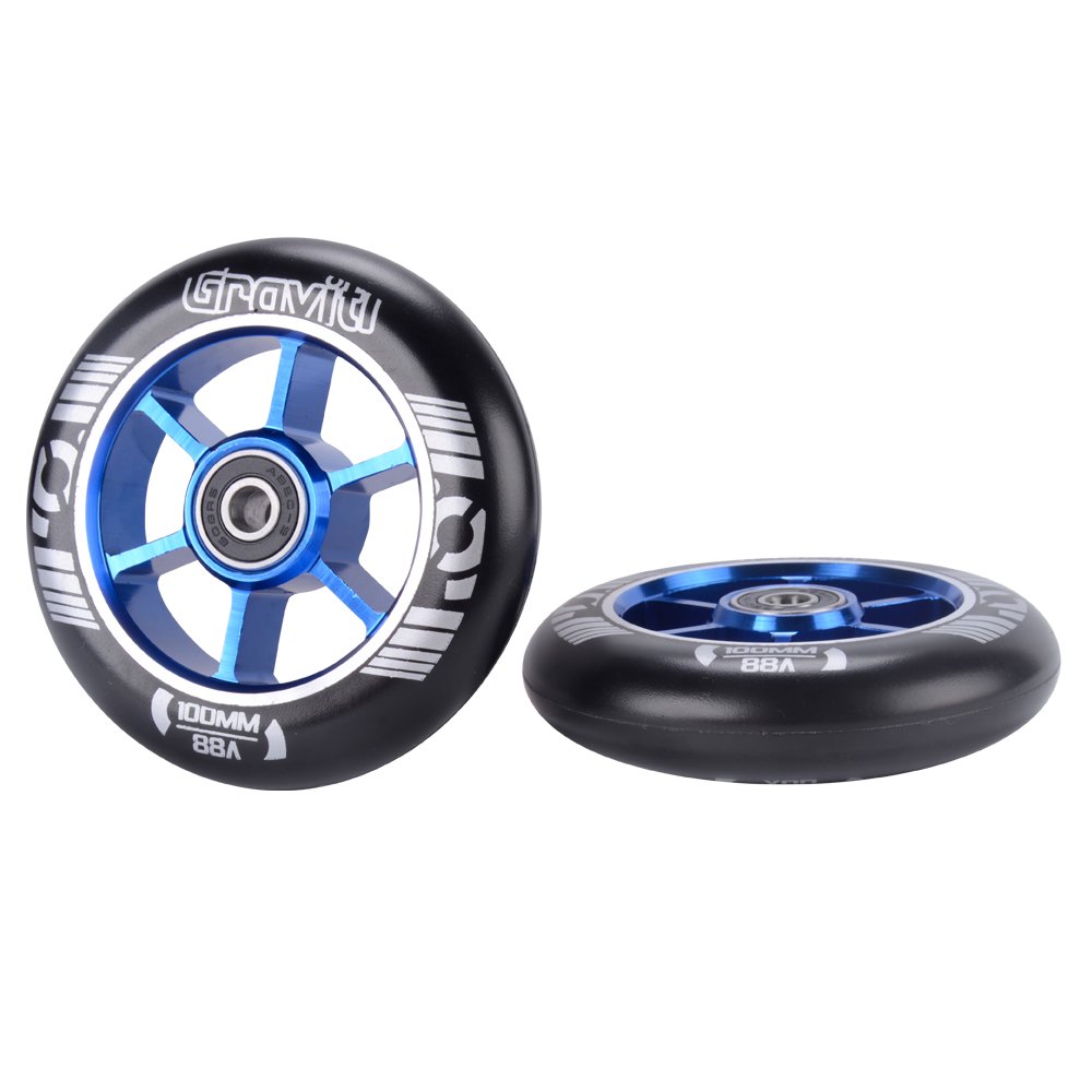 GRAVITI One Pair 100mm Pro Stunt Scooter Wheels with ABEC-9 Bearings CNC Metal Core (2pcs) (black blue)