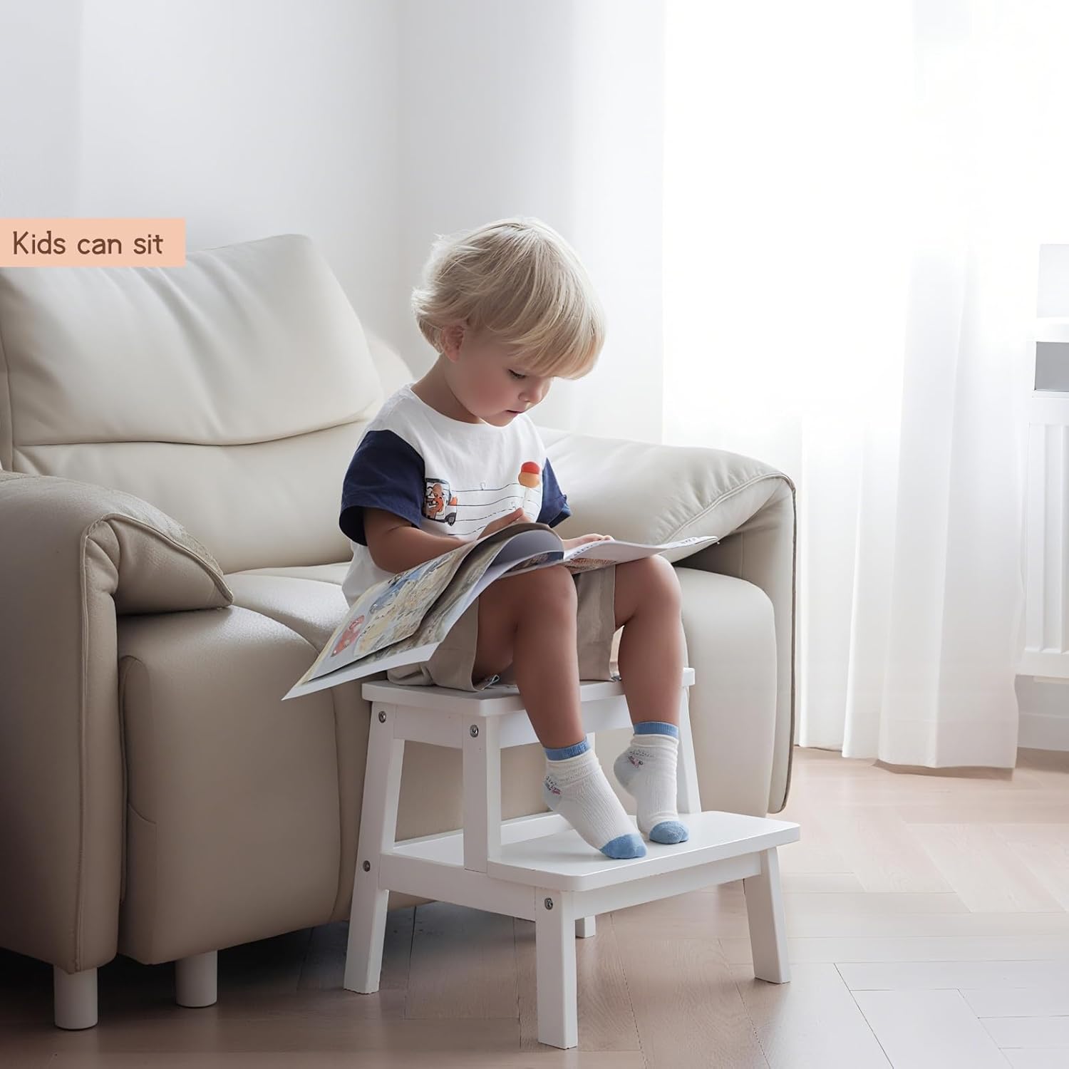 Adult & Child Wooden Two Step Stool ，Stepping Stool，Kids Step Stool Kitchen Step Stools for Bathroom– Perfect for Kitchen, Bathroom, Bedrooms & More (White)