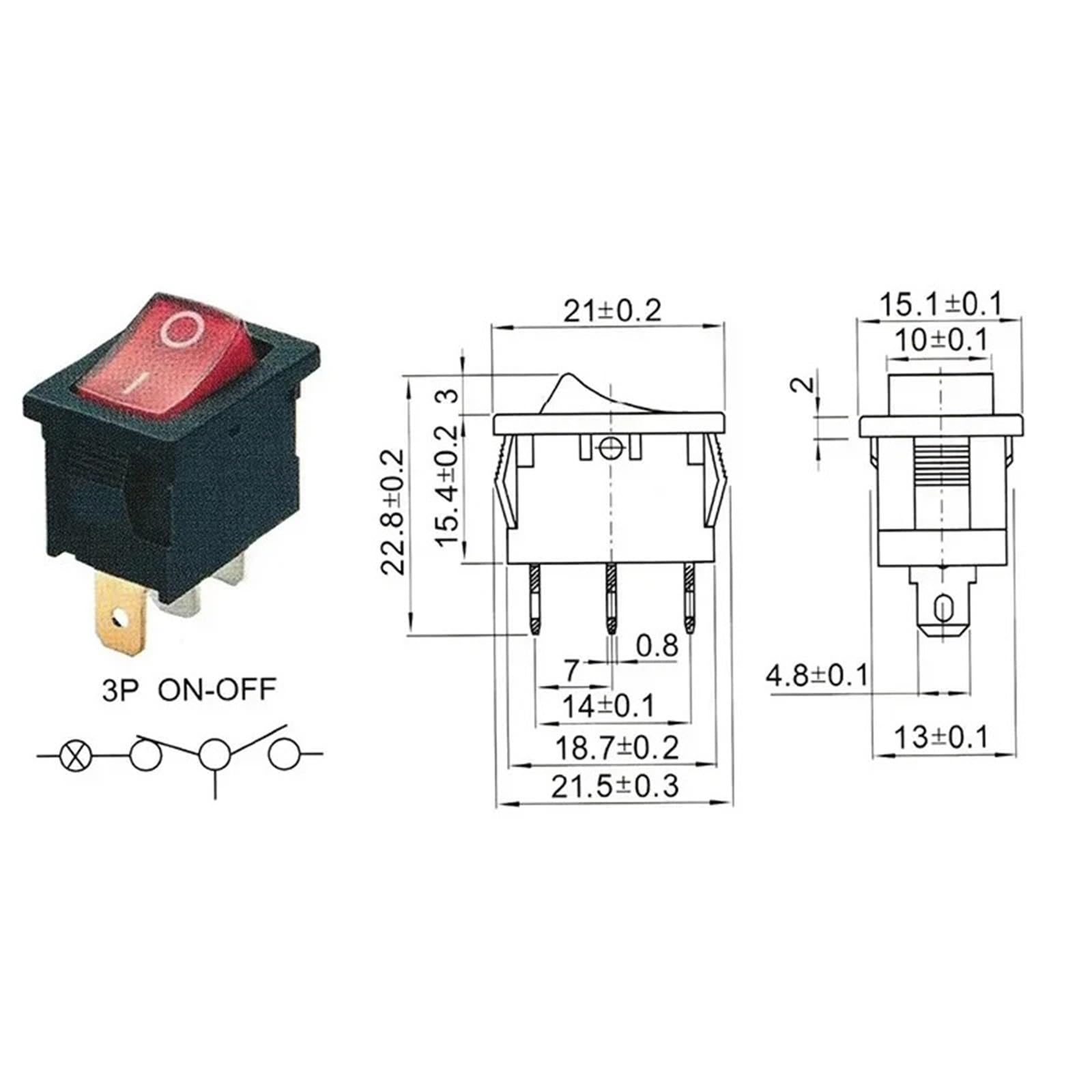 Interruptor basculante KCD1 de 2 y 3 pines for barco o coche, 6 A/10 A, 250 V/125 V CA, botón rojo, verde y azul, 5/20 unidades(4Pin Blue LED,20PCS)