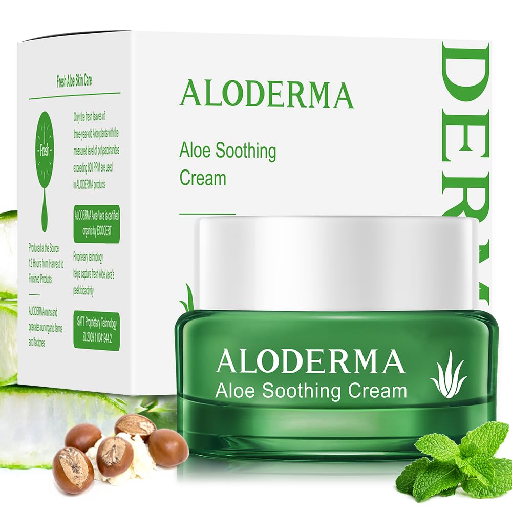 Aloderma Soothing Face Cream Made with 75% Organic Aloe Vera - Calming Facial Cream with Squalane & Vitamin E for Dry, Sensitive Skin - Reduces Redness, Helps Protect Damaged Skin, 50g/1.76oz