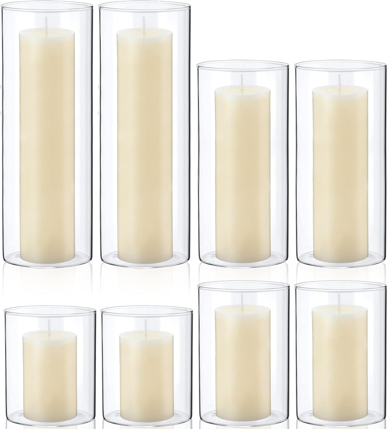 Treela Set of 8 Slim Pillar Candles and Glass Cylinder Vases White Pillar Candles
