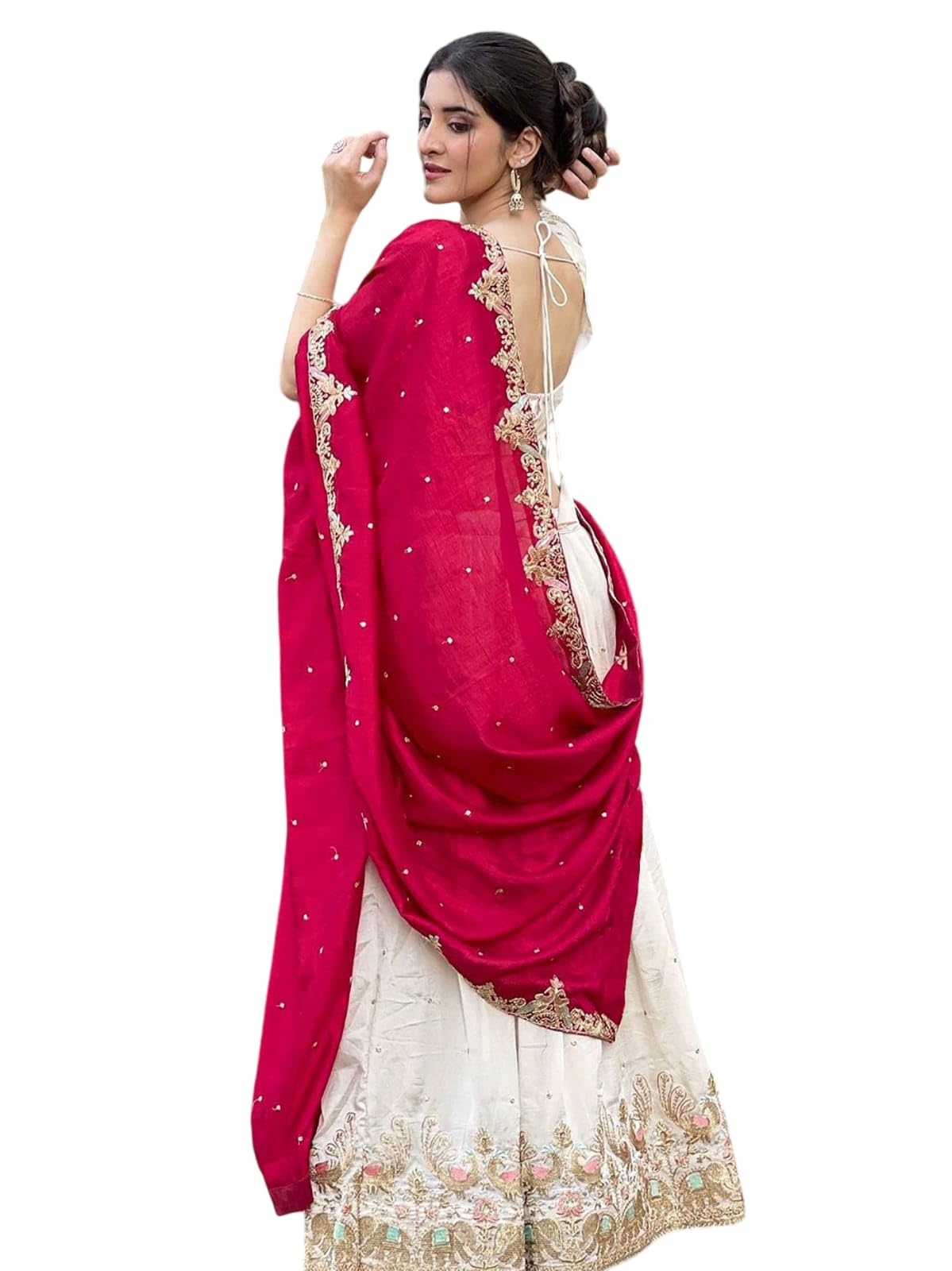 Ivory Lehenga Choli with Red Dupatta, Gold Embroidery-image-24