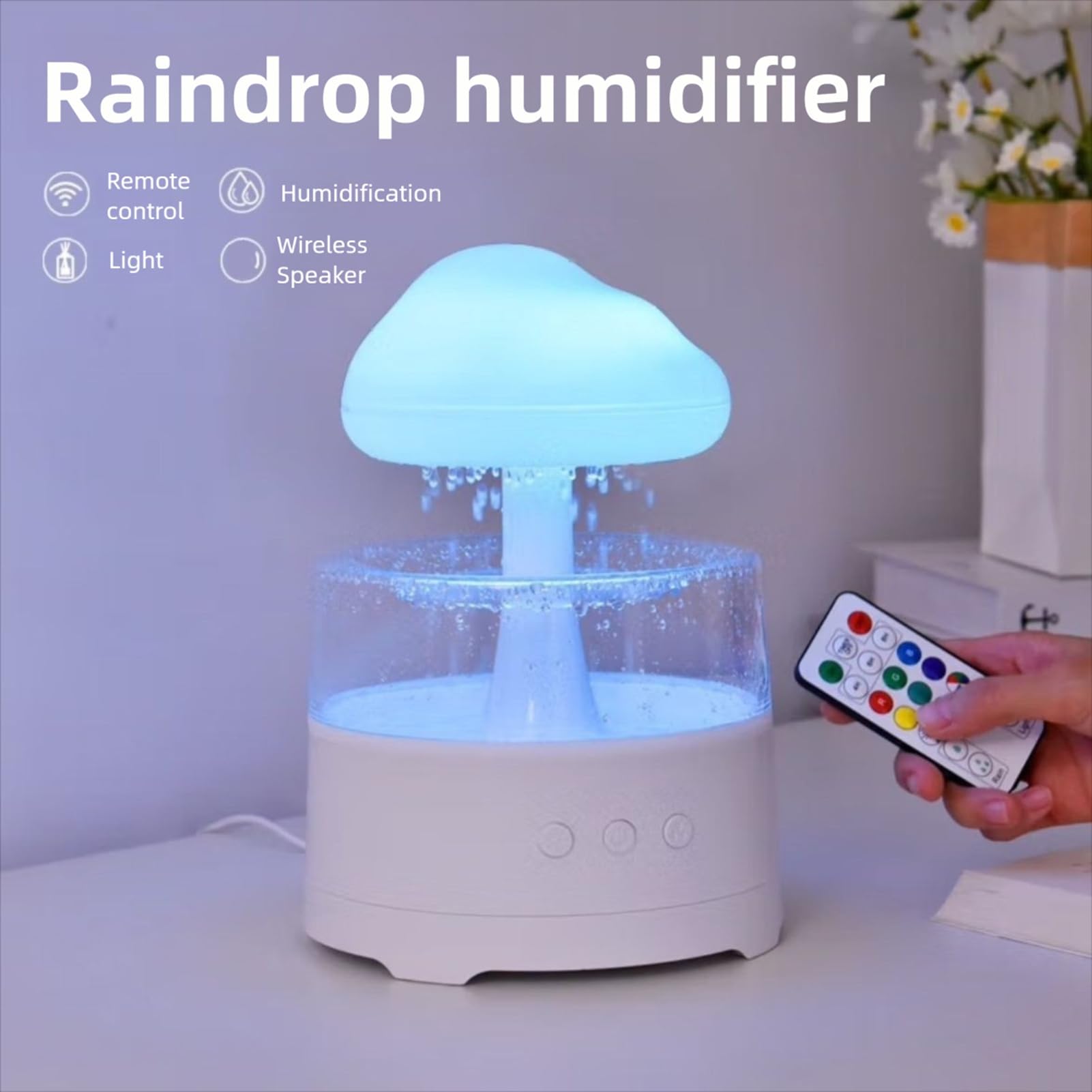 Cloud Rain Humidificateur Diffuseur d'huiles essentielles 7 Modes d'éclairage LED réglables Humidificateur de Gouttes de Pluie pour Chambre à Coucher Salon Rechargeable