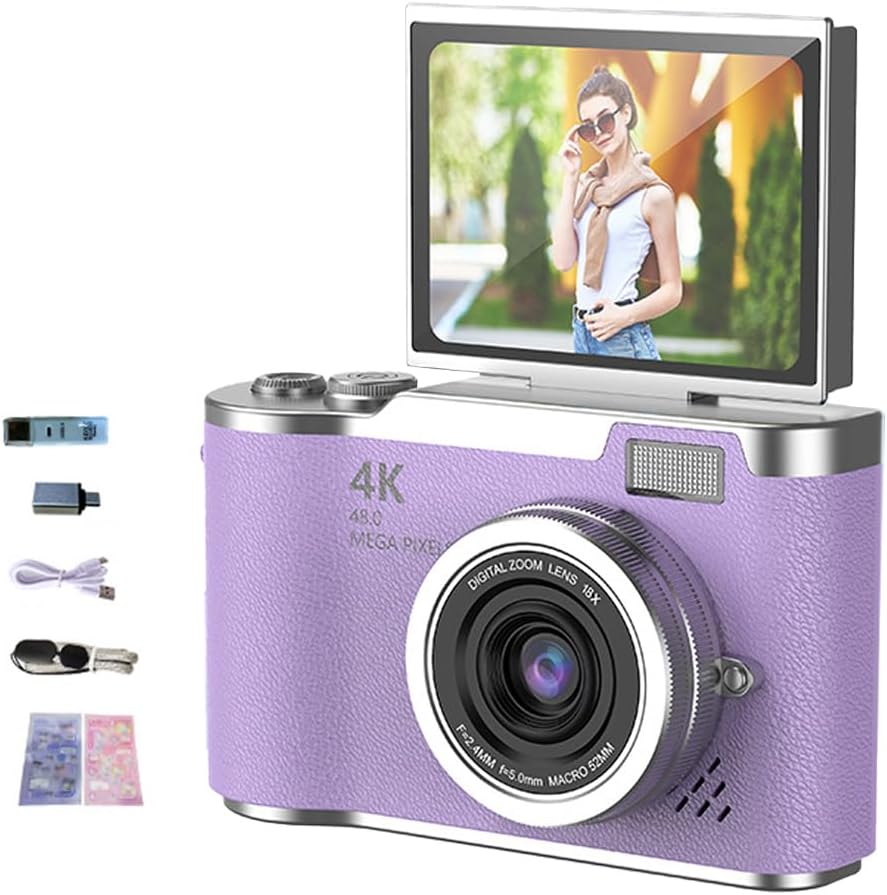4K Foldable Screen Student Camera, 2025 Upgrade Portable FHD 4K 48MP Point and Shoot Digital Camera, 4K Digital Camera with 18X Zoom Anti-Shake with Flip Screen (Purple Kit+32GB Card)