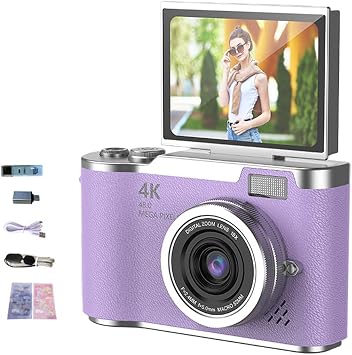 4K Foldable Screen Student Camera, 2025 Upgraded Portable FHD 4K 48MP Point and Shoot Digital Camera, 4K Digital Camera with 18x Zoom, Anti-shake with Flip Screen Purple Kit