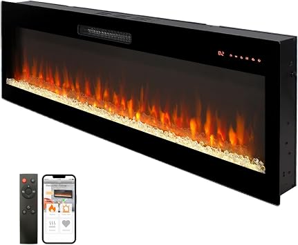Smart 50" WiFi-Enabled Electric Fireplace Heater, Recessed in-Wall and Wall-Mounted Antique Black 3D Realistic Flame Effect Cozy Winter Nights