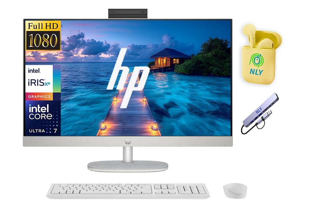 Image of HP 27 inch FHD All-in-One Business Desktop Computer, 12-core Intel Ultra 7 155U Processor, 32GB RAM 1.5TB Storage (1TB SSD+512GB Docking Set), Windows 11, Wireless Keyboard & Mouse, NLY Earphones, White