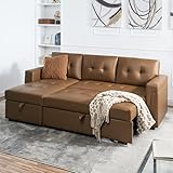 Naomi Home Jenny Tufted Sectional Sofa Sleeper with Storage Chaise, Pull-Out Couch with Storage, Sectional Sofa Bed, L-Shaped Reversible Sleeper Sofa with Storage, Mocha, Air Leather
