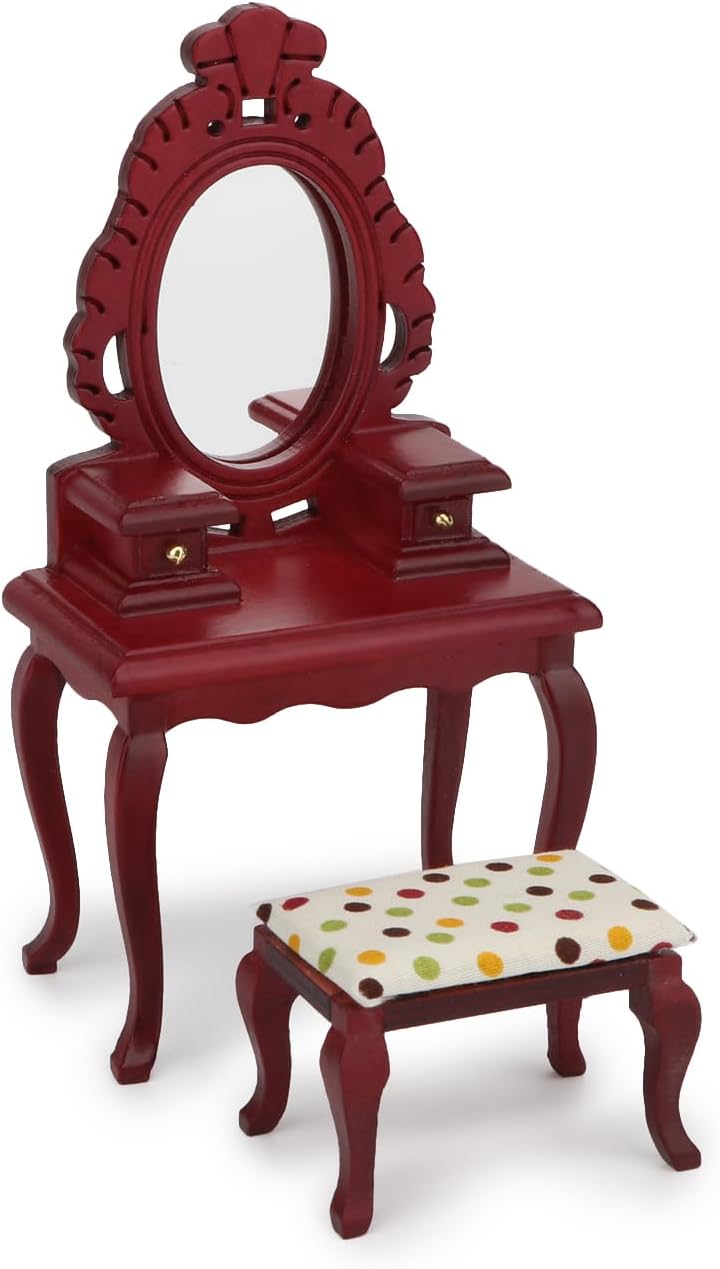 Dollhouse Makeup Vanity with Mirror & Stool 1/12 Miniature Makeup Furniture Set, Wooden Dressing Table Bedroom Dresser Table Doll House Toilet Table Accessorie (White)