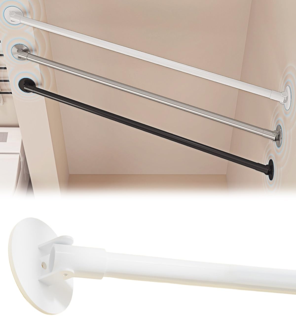 Barra Cortina Ducha Giratoria 180°, Barra Extensible y Ajustable, Barra de Acero Inoxidable, Sin Taladro y Antideslizante para Cortinas de Ducha y Angulares(White,115-180cm)