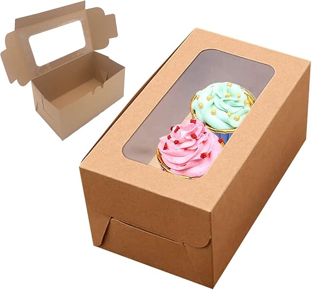 50 Pieces Cake Box,Muffin Boxes,Pastries Boxes,Paper Cupcake Boxes with PVC Window for Pastries,Cookies,Cupcakes (Brown)