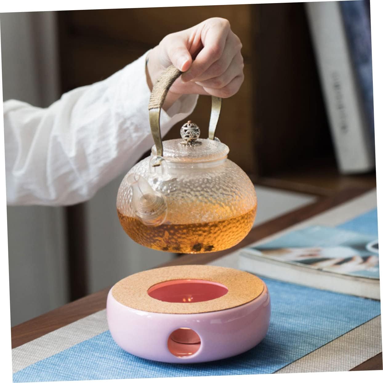 BESTYASH Ceramic Tea Heater Warmer Base for Teapots with Candle Heat Preservation Convenient Pink Porcelain Stove for Daily Tea Brewing and Heating