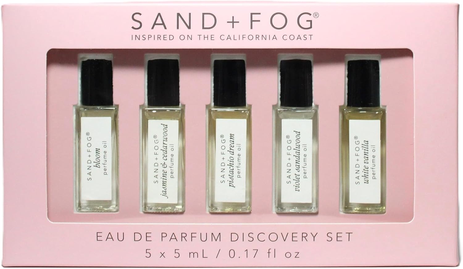 Sand + Fog Perfume Oil California Coast Discovery Set, 5 Fragrances, 0.17 Fl Oz Each Bloom, Jasmine & Cedarwood, Pistachio Dreams, Violet Sandalwood, White Vanilla