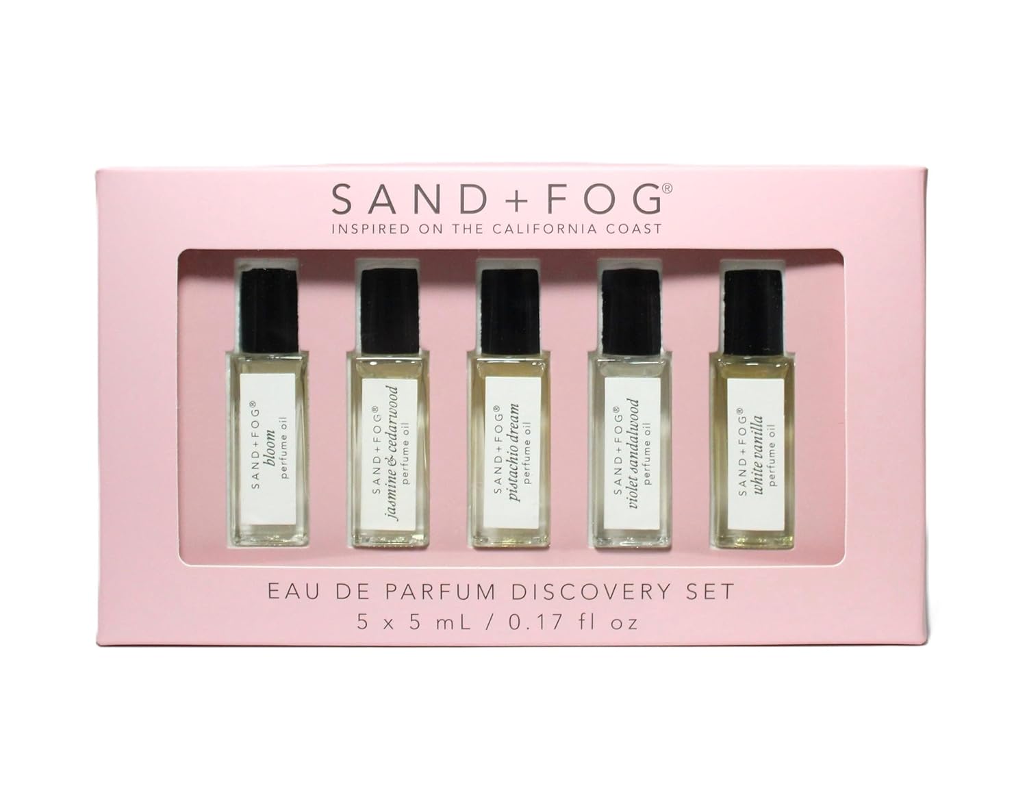 Sand + Fog Perfume Oil California Coast Discovery Set, 5 Fragrances, 0.17 Fl Oz Each Bloom, Jasmine & Cedarwood, Pistachio Dreams, Violet Sandalwood, White Vanilla