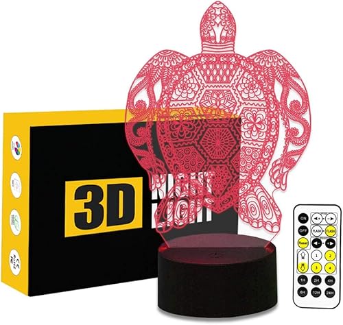 Lámpara de ilusión óptica 3D de tortuga marina, 7 colores, cambio de temporización, control remoto y botón táctil, lámpara LED de mesa para