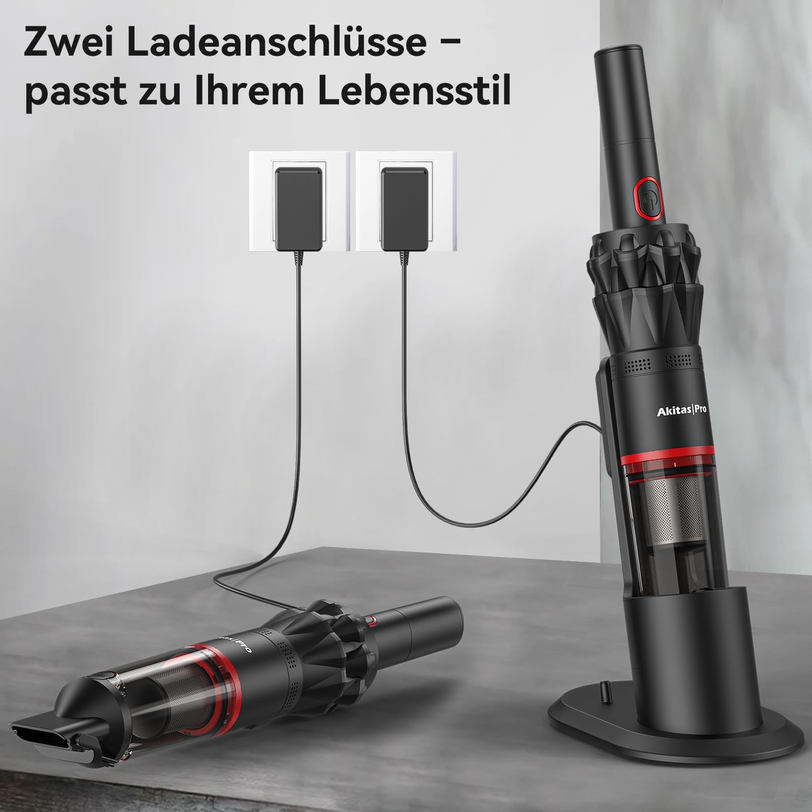 Akitas Pro H2 Handstaubsauger, Handstaubsauger Akku - 0,5 kg Ultra-Leichter Staubsauger: Bis zu 26 Min. Laufzeit, HEPA- & Stahlfilter, 2-in-1 für Auto, Sofa & Zuhause
