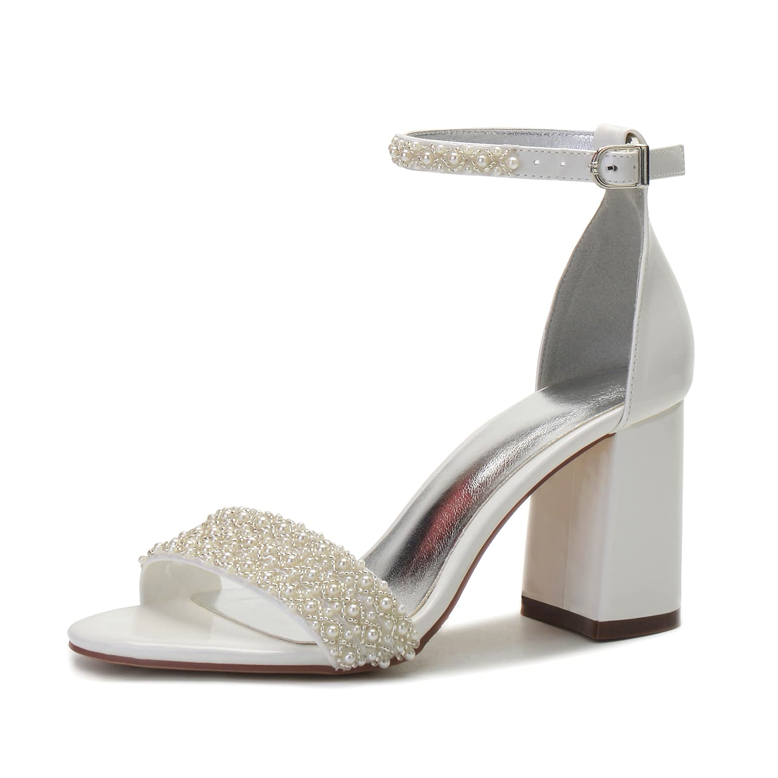 Sandali Sposa con Tacco Largo da Donna Perle Cinturino alla Caviglia Punta Aperta Scarpe da Matrimonio 858-8
